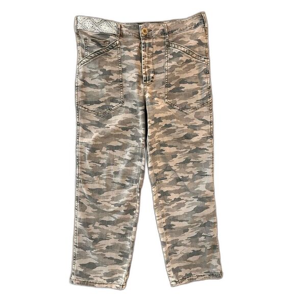 Camo Utility Straight Leg Pants Embroidered Mid Rise Neutral 30 Anthropologie - Picture 2 of 8